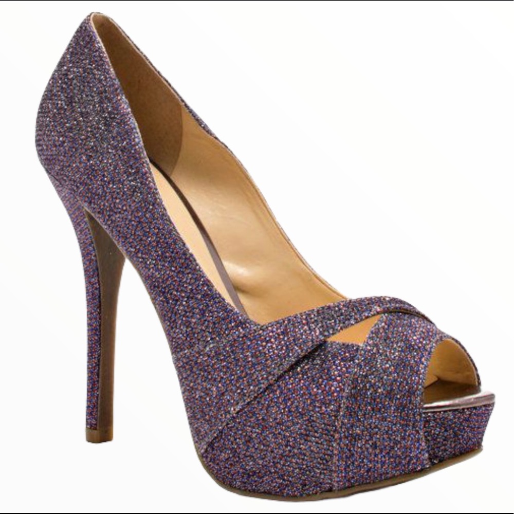 GUESS Isila Peep Toe Platform Pumps Purple Glitter Size 8